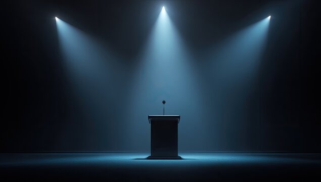 A podium under spotlights against a dark background, ready for a presentation or speech