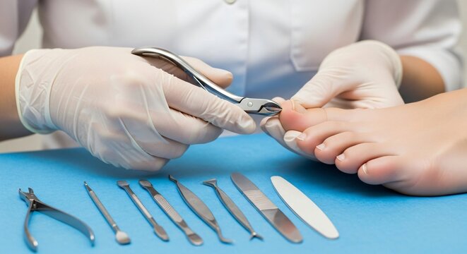 Nail Care Medical Treatment Focusing on Toenail Health Showing Sterile Tools and Professional Healthcare Service
