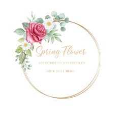 Watercolor flowers rose wreath with golden circle