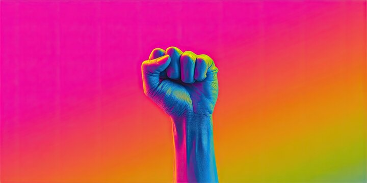 A closed fist raised in the air, backlit with vibrant, rainbow gradient hues, symbolizing strength