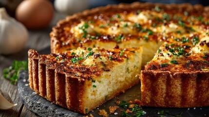 Delicious homemade cheese and herb savory pie with golden brown crispy crust and melted cheese filling on a rustic wooden surface best for comfort food recipes