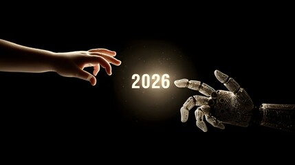 Human and robotic hand reaching toward each other with glowing light and 2026 text, future artificial intelligence and technology connection concept