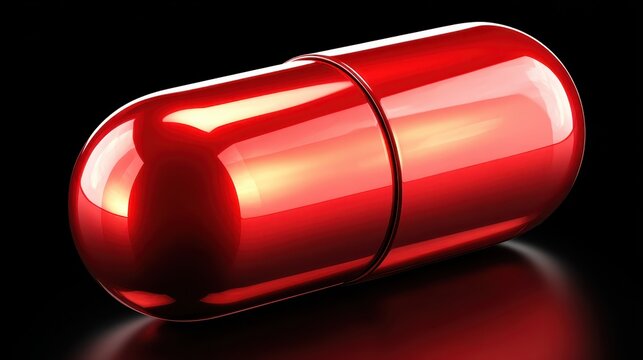 Close up of a single red pill with shiny texture