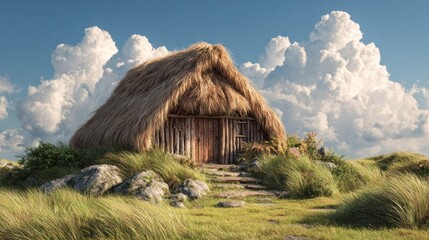 Traditional rustic thatched roof wooden cottage situated on grassy landscape with rocky terrain under blue sky with white fluffy clouds in a rural setting