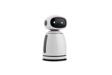 Modern white cylindrical robot with round head, featuring blue LED eyes and speaker mouth on black display screen, isolated on a transparent background