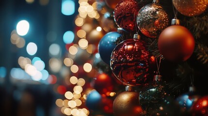 Close up view of Christmas tree ornaments with festive lights