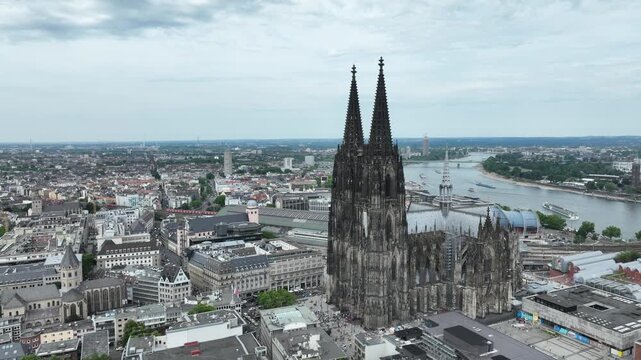 Cologne City Cathedral and Central Train Station, Hbf. Germany, Drone. Sightseeing 4k