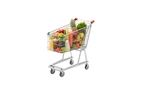 Shopping cart filled with fresh colorful produce, fruits, vegetables, groceries, red handle grips, chrome metal frame, isolated on a transparent background