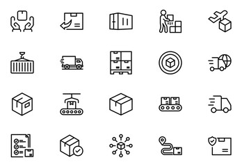 Professional supply chain logistics line icon set. Modern clean vector illustrations representing delivery, global trade, shipping, and cargo management.Thin outline icons pack. Vector illustration