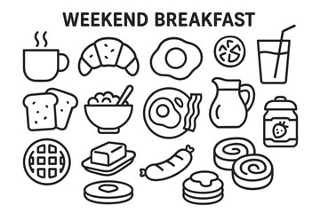 Weekend breakfast icons: coffee, eggs, pancakes, juice, croissants, sausage
