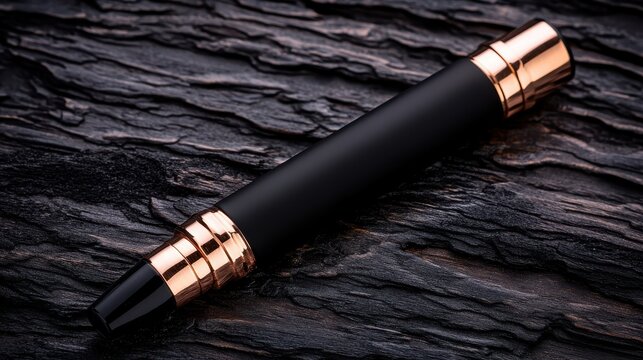 Close up of a slender black perfume bottle with gold accents