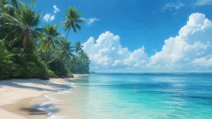 Tropical paradise beach with palm trees and turquoise ocean under a blue sky with clouds.