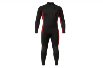 Modern black and red wetsuit for diving and surfing isolated on transparent background.