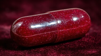 Close up of a small red capsule with shiny appearance