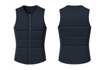Navy blue padded vest, front and back views, isolated on transparent background