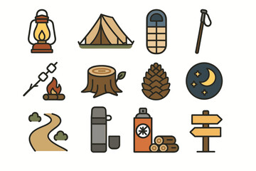 Camping icons collection: lantern, tent, sleeping bag, marshmallow, night sky