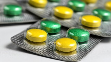 Close Up View of Green and Yellow Pills in Blister Packs