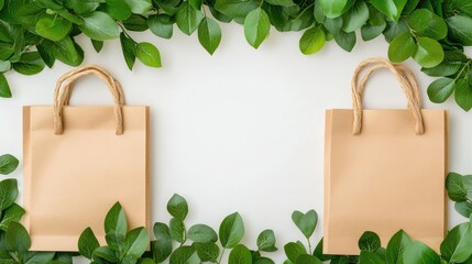 A flat lay featuring cardboard shopping bags and fresh eucalyptus leaves arranged beautifully on a gray background, ideal for promoting eco-friendly practices and a sustainable lifestyle