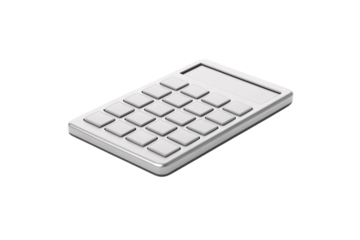 Silver calculator with numeric keypad and digital display screen tilted view, isolated on a transparent background