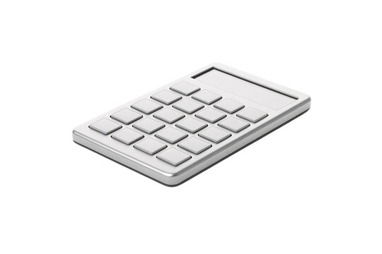 Silver calculator with numeric keypad and digital display screen tilted view, isolated on a transparent background