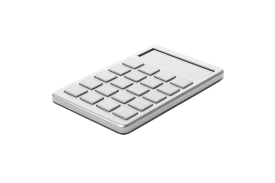 Silver calculator with numeric keypad and digital display screen tilted view, isolated on a transparent background