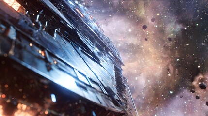 Futuristic spaceship flying through deep space with glowing lights and galaxy background, sci-fi cosmic travel and digital exploration concept art