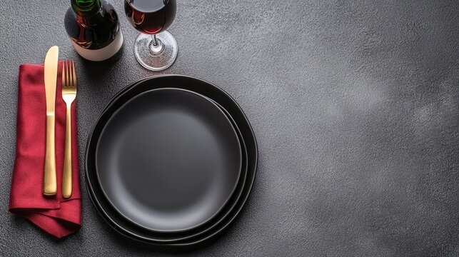 A sophisticated table arrangement features a black plate, wooden cutlery, and a vibrant red napkin, creating a stylish and minimalist dining atmosphere