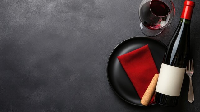 A sophisticated table arrangement features a black plate, wooden cutlery, and a vibrant red napkin, creating a stylish and minimalist dining atmosphere