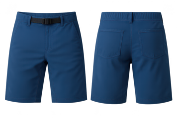 Blue men's shorts with belt, front & back views, isolated on transparent background
