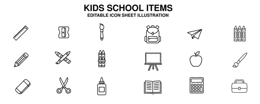School and education thin line icon set. Collection of vector symbols for learning, stationery, and classroom supplies on an isolated background