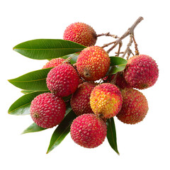 Fresh Nine Lychees with Green Leaves Isolated on White Background
