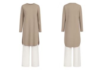 Women's beige long tunic and white pants isolated on transparent background