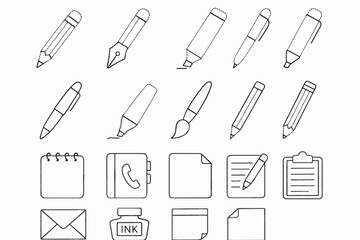 Obraz premium Hand-drawn art supplies icons: pencils, pens, brushes, stationery, and tools