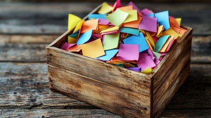 Colorful sticky notes overflow from a weathered wooden box, rustic backdrop