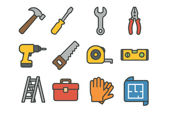 Obraz premium Vector icons of construction tools including hammer, screwdriver, wrench, and more