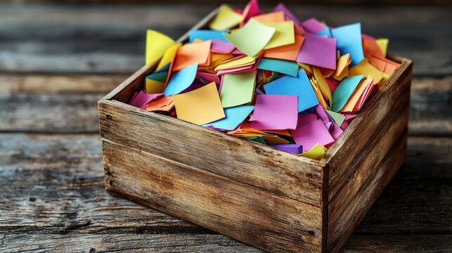 Colorful sticky notes overflow from a weathered wooden box, rustic backdrop
