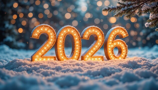 Golden illuminated numbers 2026 sparkling in fresh white snow with festive bokeh lights and a pine branch in a winter new year celebration scene