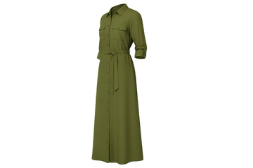 Olive green belted maxi shirt dress isolated on transparent background