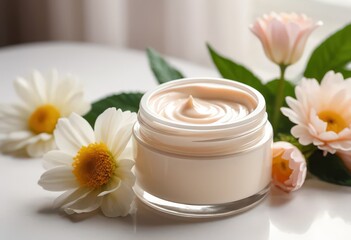 Luxurious facial cream jar with chamomile flowers on white background.