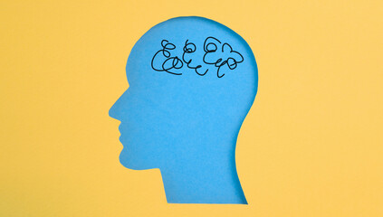 human head profile cut out with healthy brain. Care for good memory, ADHD, Alzheimer, stroke, dementia prevention and world mental health day awareness concept.