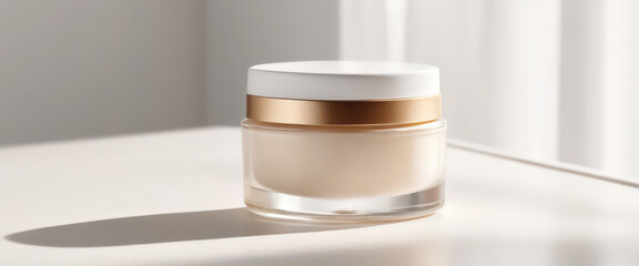 Luxurious cream jar on white surface with soft shadows.