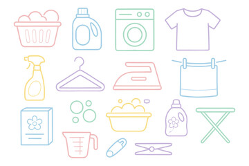 Colorful laundry icons set: washing machine, detergent, iron, hanger, and more
