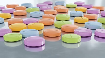 An assortment of brightly colored tablets on a reflective surface