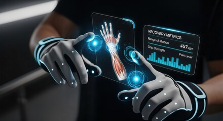 A futuristic scene featuring a male researcher in a lab environment, equipped with holographic technology displaying muscle recovery metrics and a high-tech interface for monitoring health.