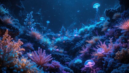 Obraz premium Vibrant bioluminescent coral reef with glowing jellyfish in a deep blue underwater fantasy landscape