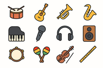 Various musical instruments icons including guitar, saxophone, and drums