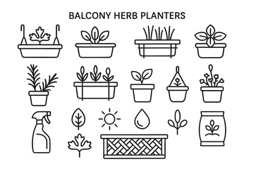 Balcony herb planters line art: pots, herbs, and gardening icons