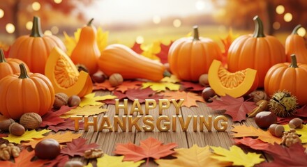 Festive autumn background with pumpkin and leaves with Happy Thanksgiving lettering, sunshine	