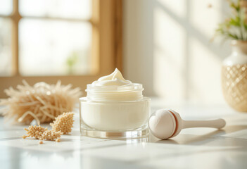 Luxurious skincare cream in glass jar on white table.