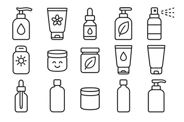 Fototapeta premium Line art icons of skincare product containers and bottles